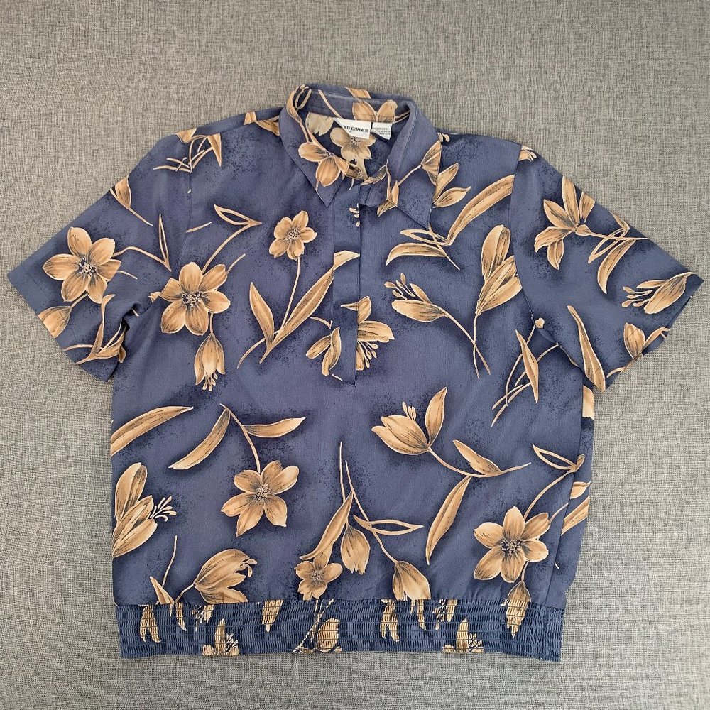 Alfred Dunner Floral Pull Over Blouse Blue Tan Top Elastic Waist‎ Collared Sz 16